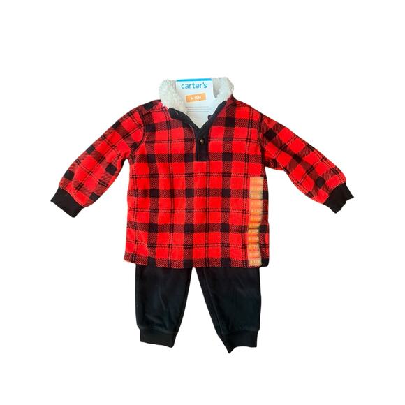 CARTERS TWO PIECE FLEECE SET BOYS PLAID PULL OVER  PANTS 9-12 MONTHS RED BLACK - Picture 1 of 8